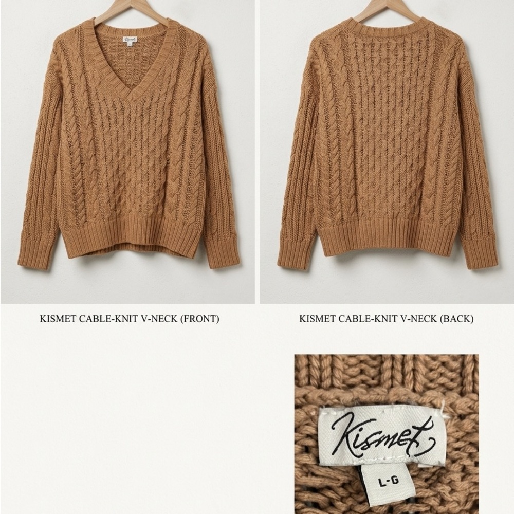 Kismet Cable Knit V-Neck Sweater in Camel Brown